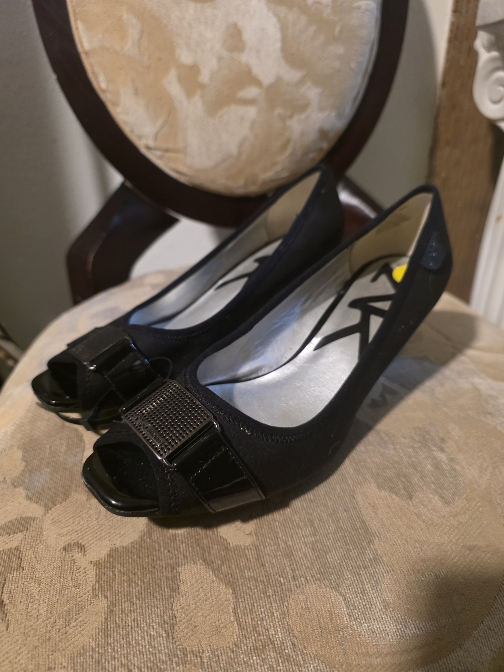 Anne Klein Sport Black Peep-Toe Wedge Heels with Decorative Buckle